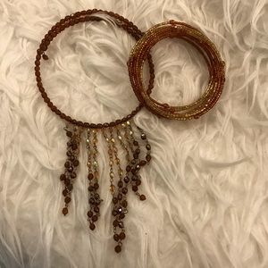 Amber color seed bead necklace and bracelet